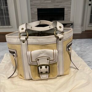 Coach Yellow and White Satchel Bag Leather and Woven Vintage Summer Tote